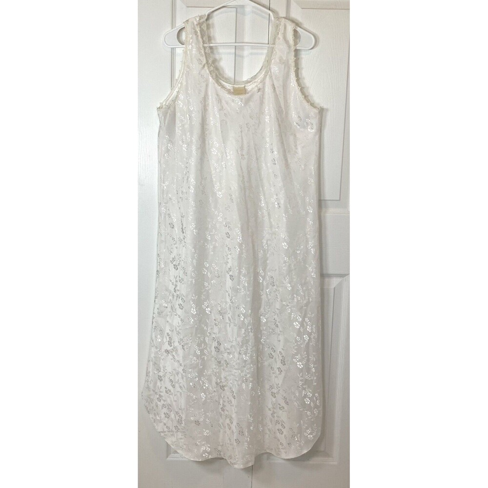 VTG Intimate Style Silky Satiny Nightgown White Floral Lace Maxi Large Y2K 90s